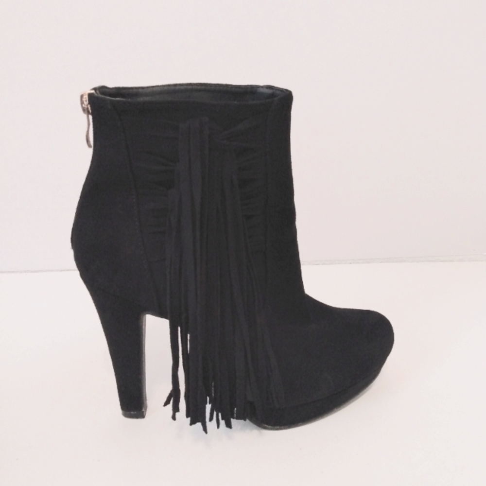 Bucco Black Faux Suede Fringe Zip Western 4 1/2" Heels Ankle Boots sz 10
